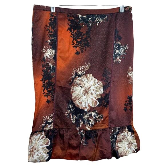 Just Cavalli Floral Print Midi Skirt Brown/Orange Ruffled Bottomsz 44=8 EUC